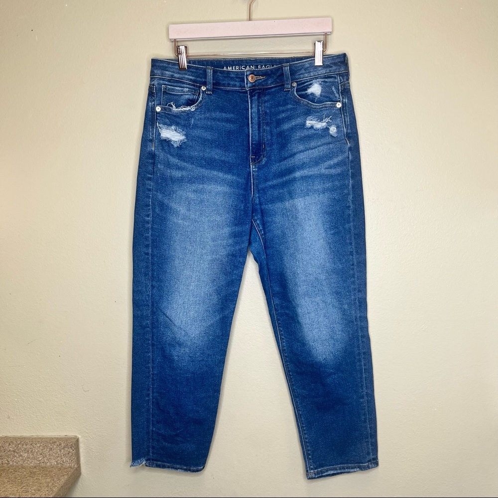 American Eagle Mom Jeans High Rise Mid Wash Distressed Size 10 X Short